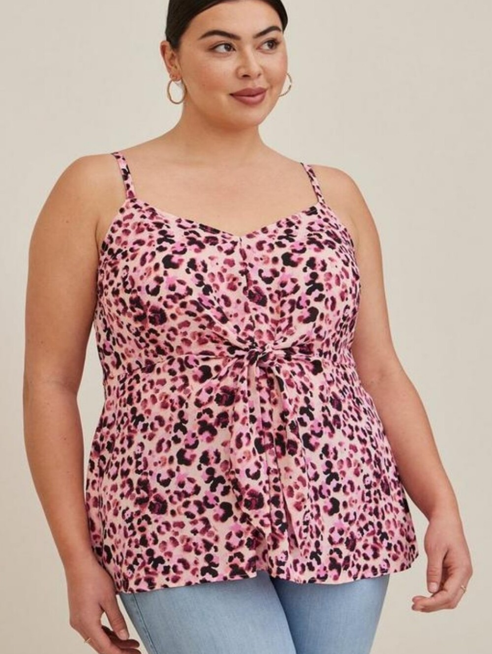 Pink Leopard Print Tie-Front Cami Top - Women's